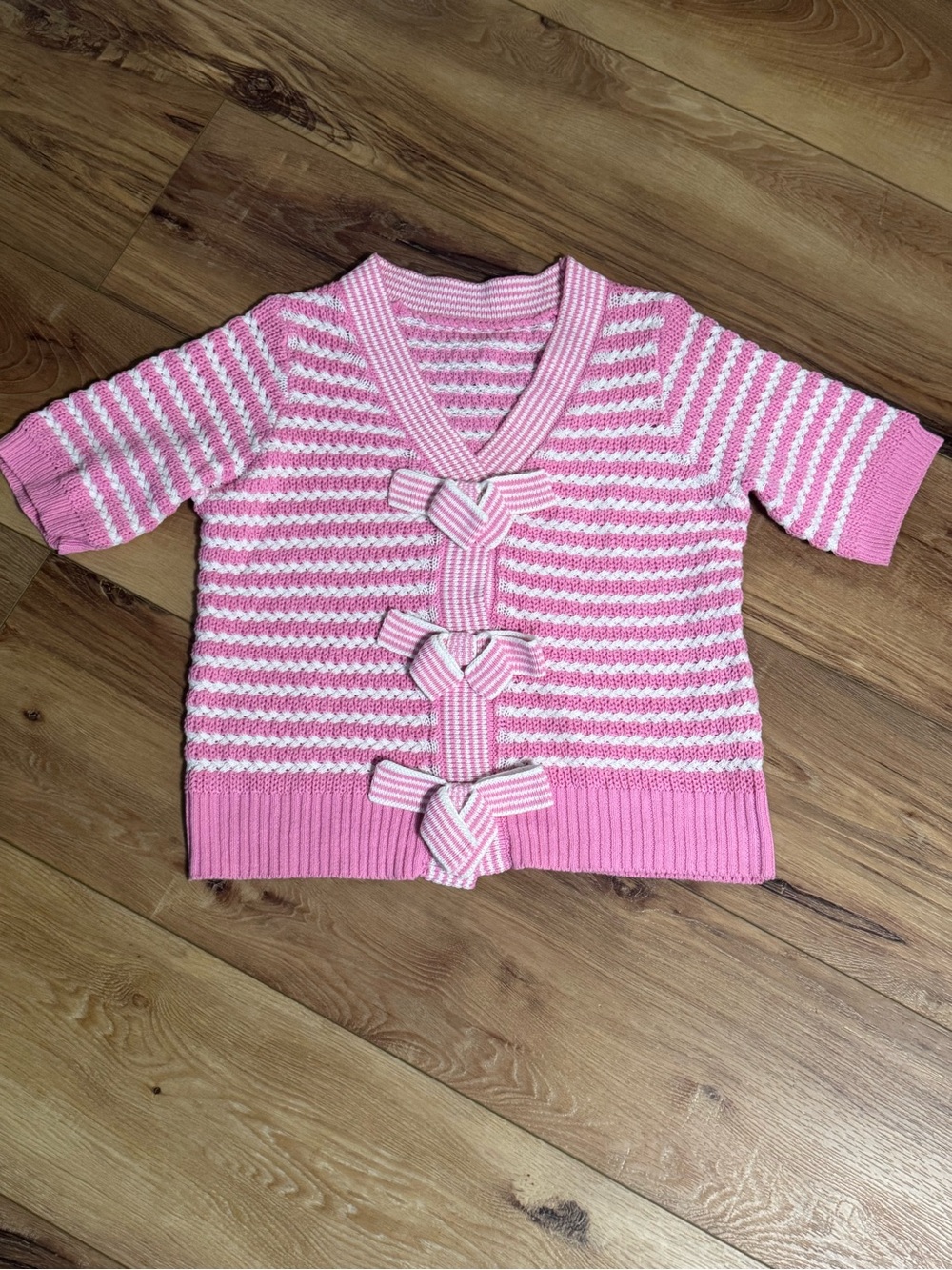Women’s Pink & White Striped Knit Top with Bow Front Details
